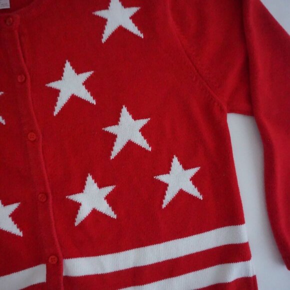 Vintage Crystal Kobe Red w White Stars Patriotic Flag Knit Button Up Cardigan Xl - Picture 7 of 11